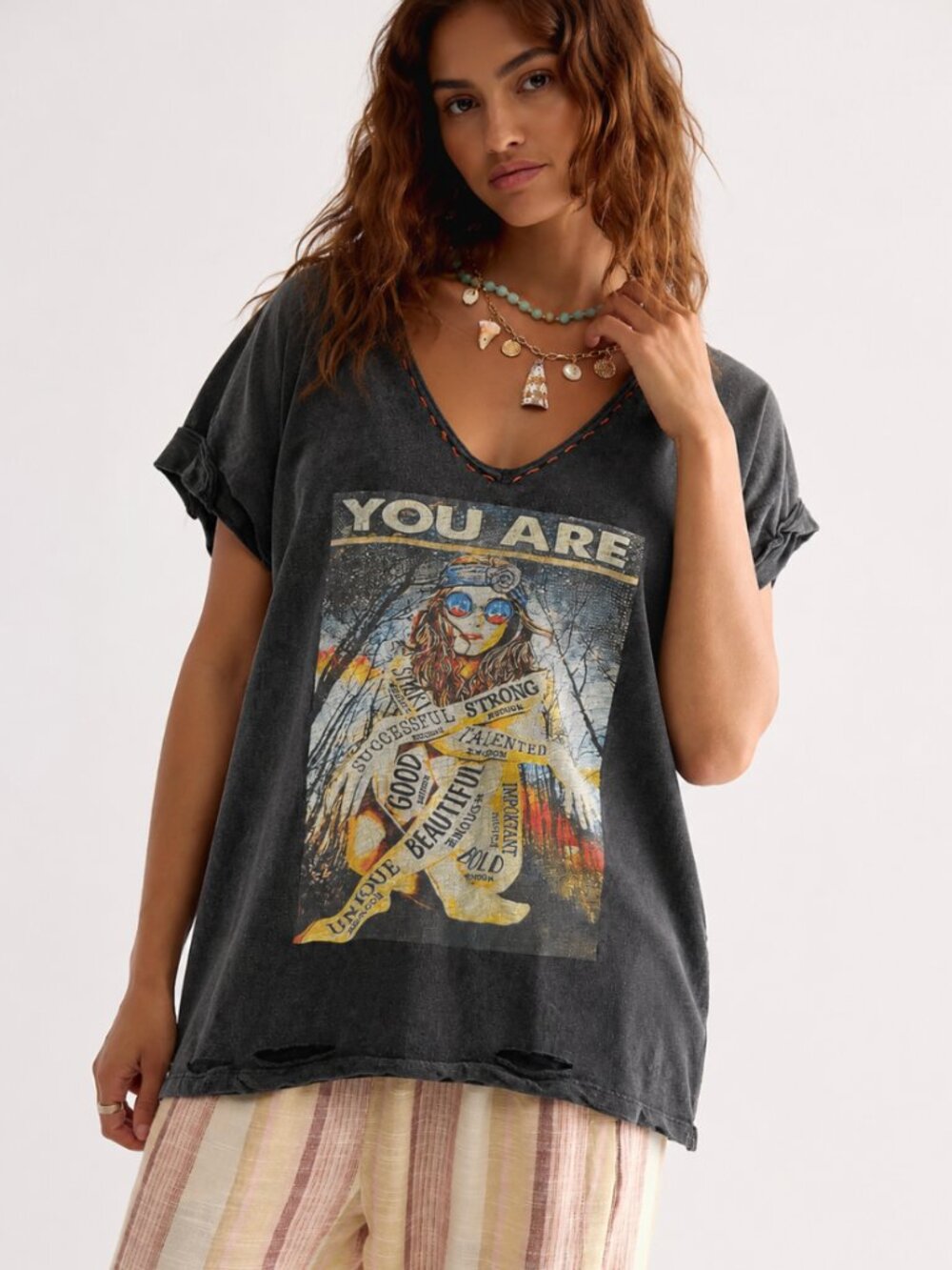 Graphic V-Neck Short Sleeve Tee - Black - Jaded Gypsy
